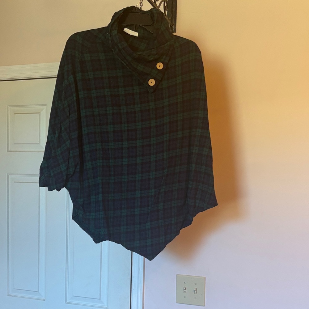 Plaid Poncho with Button Detail
